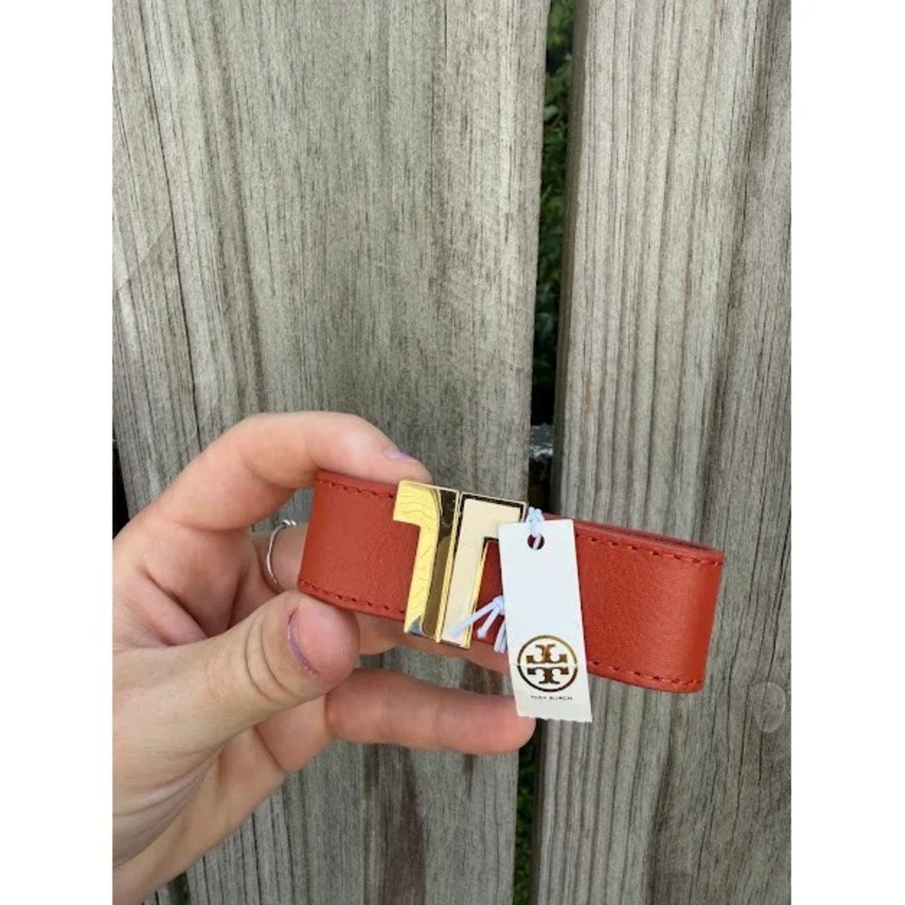 Designer Luxury Preppy Tory Burch Split-T Bracelet OS Orange Gold Leather Cuff